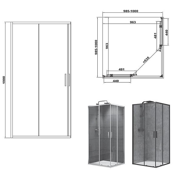 FEN2240B ART 2.0 Кабіна душова, квадратна, розсувна, колір - чорний матовий, 1000*1000, без піддона, скло прозоре (1 сорт) - Фото - 2