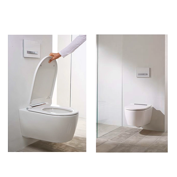 500.202.01.1 Підвісний унітаз Geberit ONE, без обідка, воронкоподібний змив TurboFlush, прих.кріплення, декор накладка хром, захисне покриття KeraTect: в комплекті з кришкою Duroplast, швидкоз'ємні петлі, SoftClose та із звукоізолюючою прокладкою (1 сорт) - Фото - 6