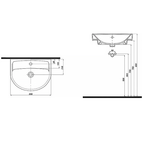 2321550UA STATUS Раковина 55 см, з переливом, з отв.для зміш по центру (1 сорт) - Фото - 3