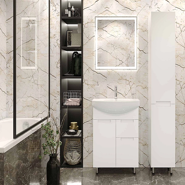 Комплект меблів  6949 КВАДРО  Тумба з раковиною-60 Runa + 8213  КВАДРО дзеркальна шафка 60, білий (1 сорт) - Фото - 4