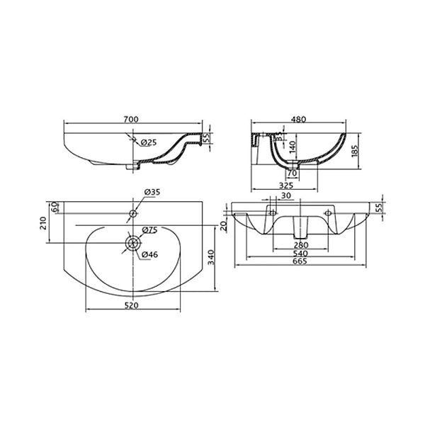 L81970000 RUNA Раковина меблева 70 см, з 1-отв. під зміш. по центру, білий глянець (1 сорт) - Фото - 2