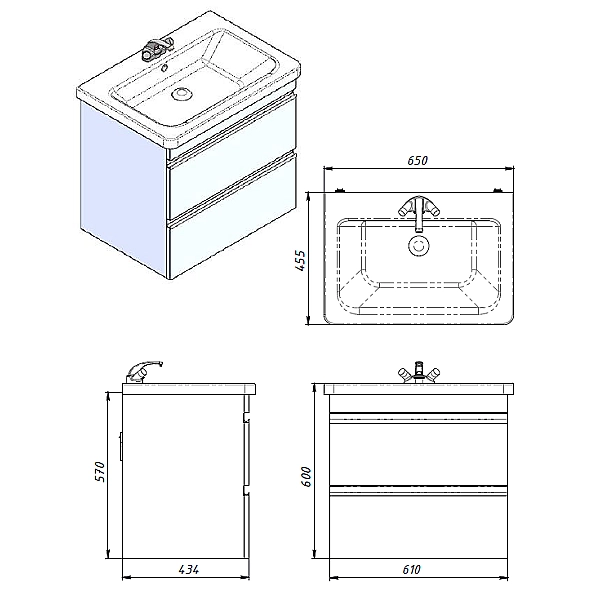 753065W FRAME Біла глянцева тумба 65см з раковиною та сифоном (1 сорт) - Фото - 2