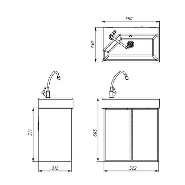 083055W QUADRA Тумба 55 біла глянцева з умивальником та сифоном (1 сорт) - Фото - 4