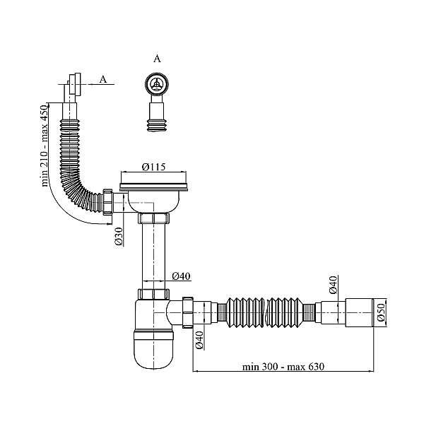 Сифон для кухонної мийки Lidz (WHI) LK14, колбовий з круглим переливом (вихід 50 мм) - Фото - 2