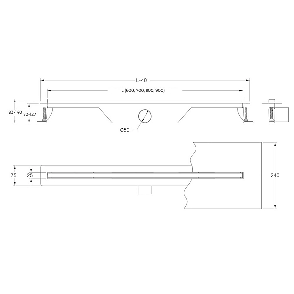 UN7033B Universal Slim Душовий канал 70 з нержавіючої сталі, сифоном і декоративною накладкою, з горизонтальним виводом, чорний (1 сорт) - Фото - 5