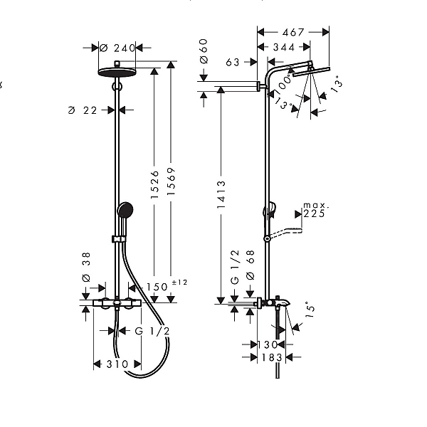 28871670 HG Activera S Душова система Showerpipe 240 1jet EcoSmart з термостатом на ванну Ecostat Fine, чорний матовий (1 сорт) - Фото - 3