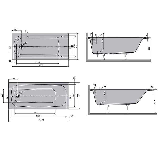 HAR15070 Harmony Ванна 150x70 см + ніжки, біла (1 сорт) - Фото - 2