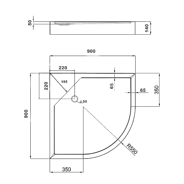 Душовий піддон Kapielka ST90x90x14 низький, напівкруглий, діаметр зливу 52 мм Lidz - Фото - 2