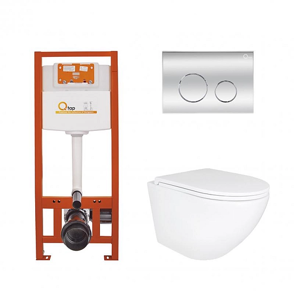 Готове рішення Qtap для ванної кімнати: підвісний унітаз Robin Ultra Quiet 490x365x325 + комплект інсталяції Nest 4 в 1 (кругла клавіша Chrome)