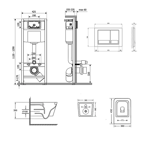 Готовое решение Qtap для ванной комнаты: подвесной унитаз Crow Ultra Quiet 490x360x290 + комплект инсталляции Nest 4 в 1 (квадратная клавиша Satin) - Фото - 2