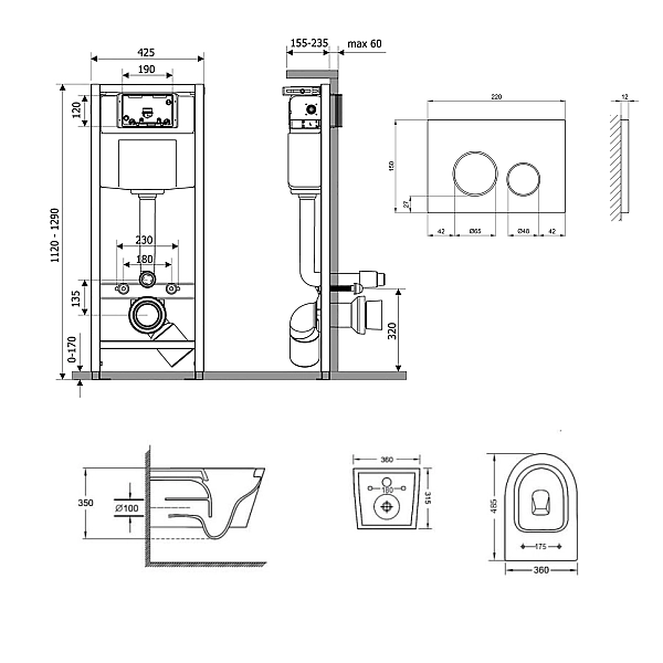 Готовое решение Qtap для ванной комнаты: подвесной унитаз Jay Ultra Quiet 485x360x320 + комплект инсталляции Nest 4 в 1 (круглая клавиша Chrome) - Фото - 2