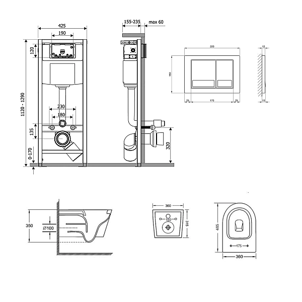 Готовое решение Qtap для ванной комнаты: подвесной унитаз Jay Ultra Quiet 485x360x320 + комплект инсталляции Nest 4 в 1 (квадратная клавиша Satin) - Фото - 2