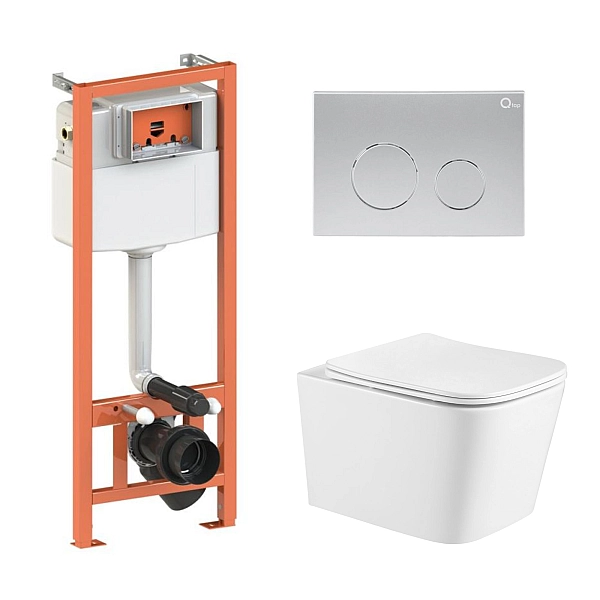 Готовое решение Qtap для ванной комнаты: подвесной унитаз Crow Ultra Quiet 490x360x290 + комплект инсталляции Nest 4 в 1 (круглая клавиша Satin)