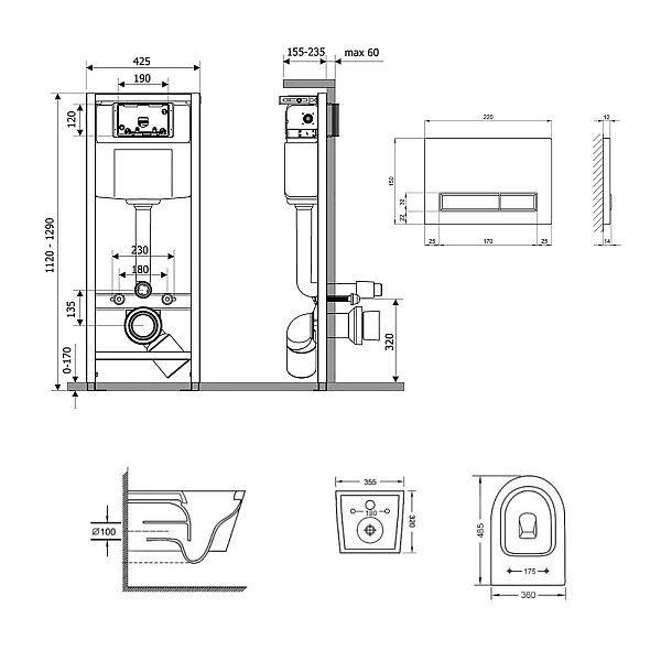 Готовое решение Qtap для ванной комнаты: подвесной унитаз  Swan Ultra Quiet 485x360x320 + комплект инсталляции Nest 4 в 1 (линейная клавиша Matt Black) - Фото - 2