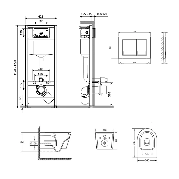 Готовое решение Qtap для ванной комнаты: подвесной унитаз Jay Ultra Quiet 485x360x320 + комплект инсталляции Nest 4 в 1 (квадратная клавиша Chrome) - Фото - 2