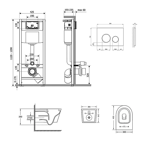 Готовое решение Qtap для ванной комнаты: подвесной унитаз Jay Ultra Quiet 485x360x320 + комплект инсталляции Nest 4 в 1 (круглая клавиша Satin) - Фото - 2