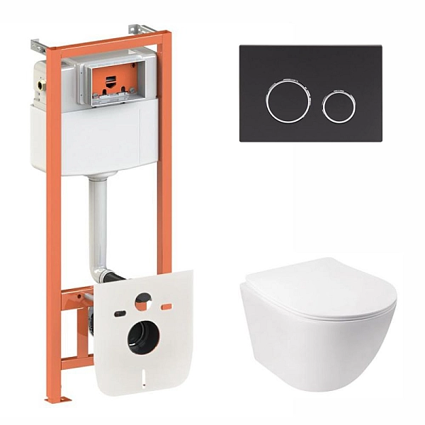 Готовое решение Qtap для ванной комнаты: подвесной унитаз Jay Ultra Quiet 485x360x320 + комплект инсталляции Nest 4 в 1 (круглая клавиша Matt Black)