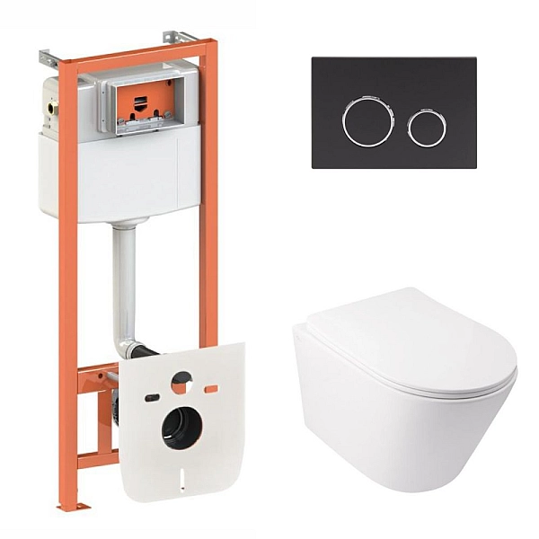 Готове рішення Qtap для ванної кімнати: підвісний унітаз Swan Ultra Quiet 485x360x320 + комплект інсталяції Nest 4 в 1 (кругла клавіша Matt Black)