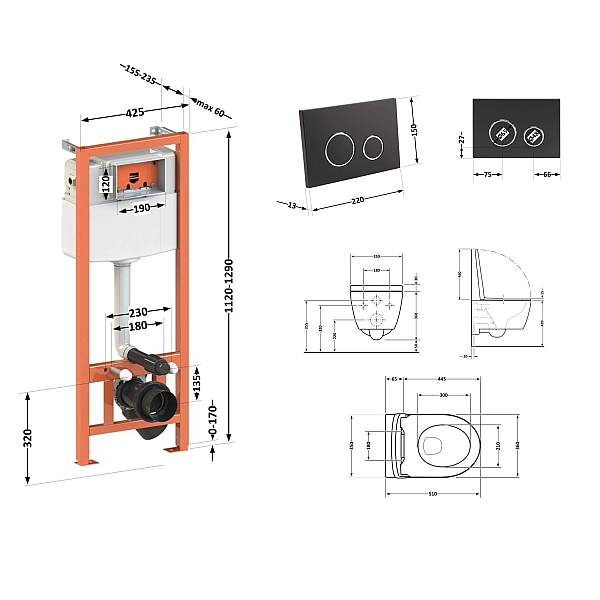 Готовое решение Qtap для ванной комнаты: подвесной унитаз Scorpio Ultra Quiet + комплект инсталляции Nest 4 в 1 (круглая клавиша Matt Black) - Фото - 2