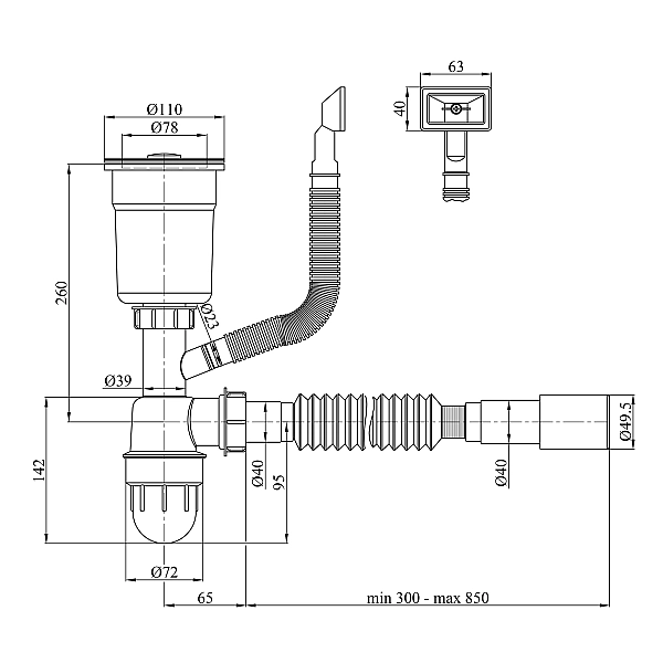 Сифон LK16 для кухонної мийки Bruch PVD, випуск 115 мм колбовий з квадратним переливом Grey (вихід гофри 40/50мм) Lidz - Фото - 2