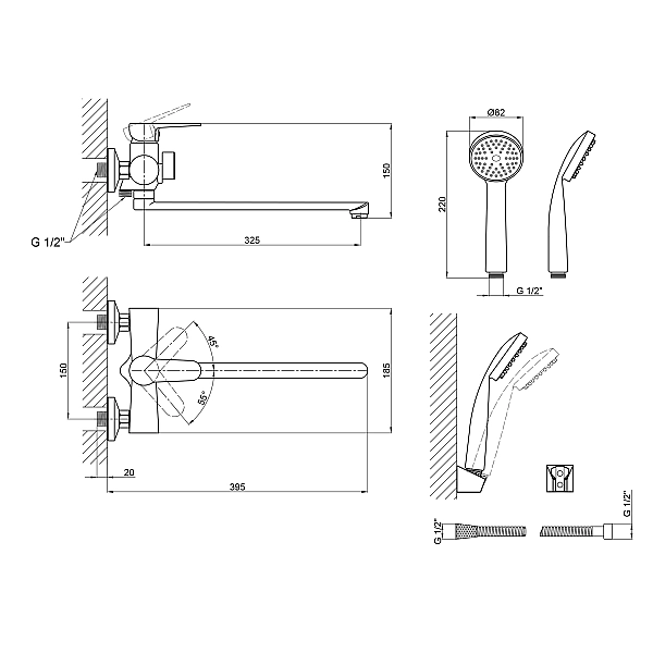 Смеситель для ванны Lidz Nicole 005 с поворотным изливом (c душевым гарнитуром) (k35) LDNIC005BLA45183 Black - Фото - 2