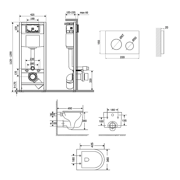 Готовое решение Qtap для ванной комнаты: подвесной унитаз Taurus Ultra Quiet 490x360x380 + комплект инсталляции Nest 4 в 1 (круглая клавиша White) - Фото - 2