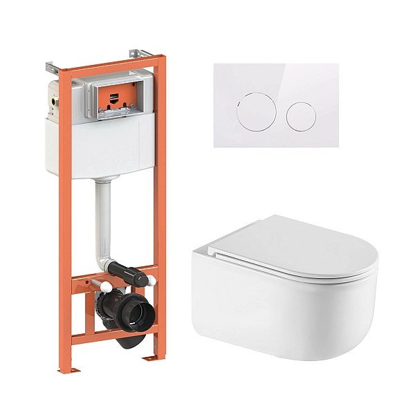 Готовое решение Qtap для ванной комнаты: подвесной унитаз Taurus Ultra Quiet 490x360x380 + комплект инсталляции Nest 4 в 1 (круглая клавиша White)