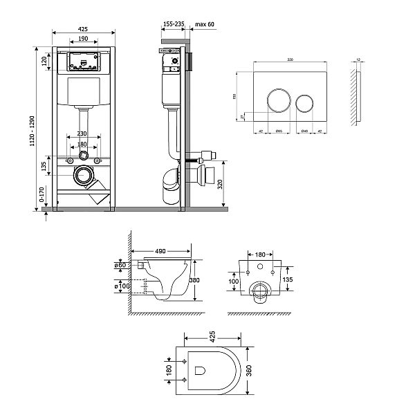 Готовое решение Qtap для ванной комнаты: подвесной унитаз Taurus Ultra Quiet 490x360x380 + комплект инсталляции Nest 4 в 1 (круглая клавиша Satin) - Фото - 2