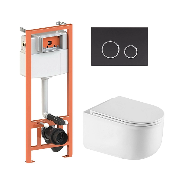 Готовое решение Qtap для ванной комнаты: подвесной унитаз Taurus Ultra Quiet 490x360x380 + комплект инсталляции Nest 4 в 1 (круглая клавиша Matt Black)