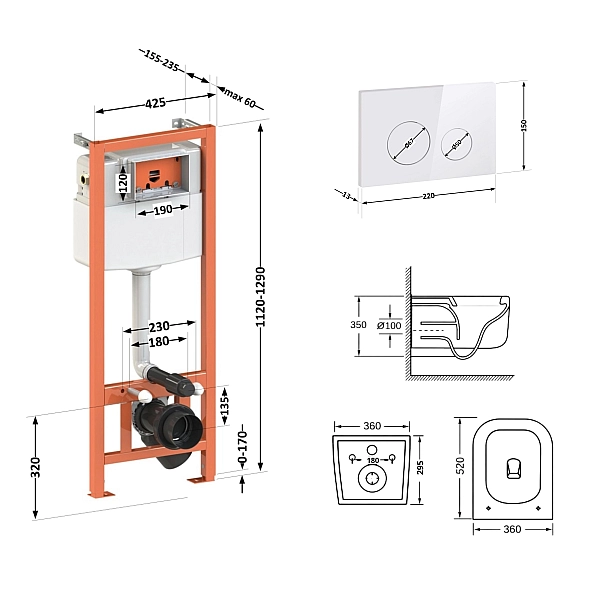 Готовое решение Qtap для ванной комнаты: подвесной унитаз Gemini Ultra Quiet 530х365х373 + комплект инсталляции Nest 4 в 1 (круглая клавиша White) - Фото - 2