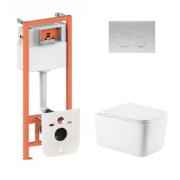 Готовое решение Qtap для ванной комнаты: подвесной унитаз Gemini Ultra Quiet 530х365х373 + комплект инсталляции Nest 4 в 1 (круглая клавиша Satin)