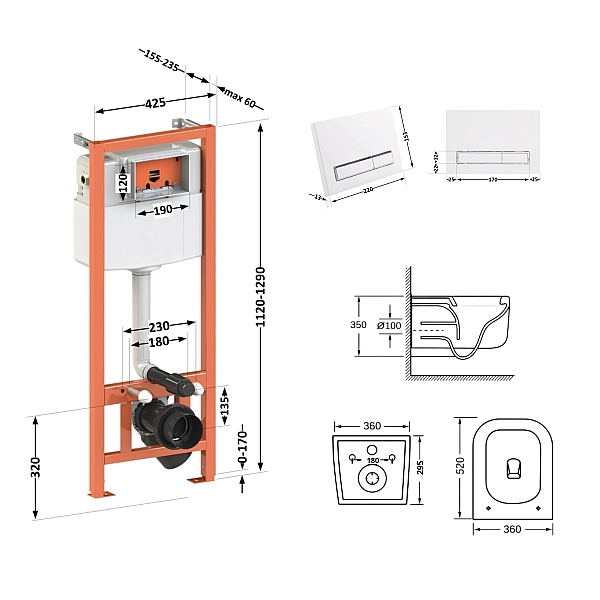 Готовое решение Qtap для ванной комнаты: подвесной унитаз Gemini Ultra Quiet 530х365х373 + комплект инсталляции Nest 4 в 1 (линейная клавиша White) - Фото - 2
