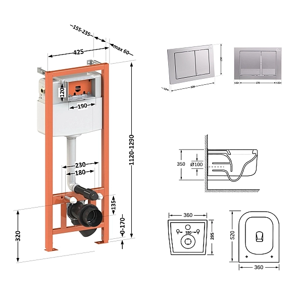 Готовое решение Qtap для ванной комнаты: подвесной унитаз Gemini Ultra Quiet 530х365х373 + комплект инсталляции Nest 4 в 1 (квадратная клавиша Satin) - Фото - 2