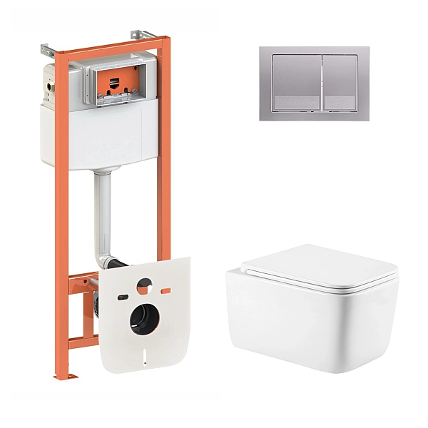 Готове рішення Qtap для ванної кімнати: підвісний унітаз Gemini Ultra Quiet 530х365х373 + комплект інсталяції Nest 4 в 1 (квадратна клавіша Satin)