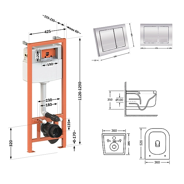 Готовое решение Qtap для ванной комнаты: подвесной унитаз Gemini Ultra Quiet 530х365х373 + комплект инсталляции Nest 4 в 1 (квадратная клавиша Chrome) - Фото - 2