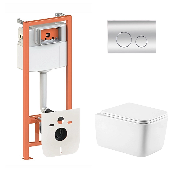 Готовое решение Qtap для ванной комнаты: подвесной унитаз Gemini Ultra Quiet 530х365х373 + комплект инсталляции Nest 4 в 1 (круглая клавиша Chrome)