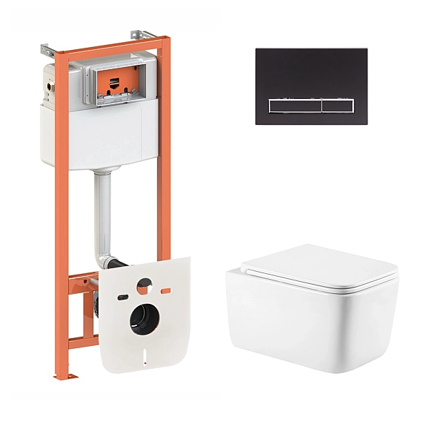 Готовое решение Qtap для ванной комнаты: подвесной унитаз Gemini Ultra Quiet + комплект инсталляции Nest 4 в 1 (линейная клавиша Matt Black)