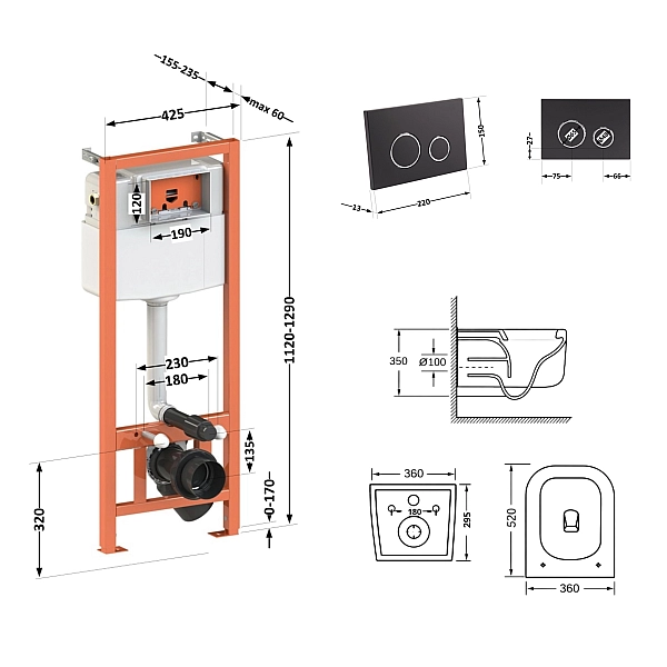 Готове рішення Qtap для ванної кімнати: підвісний унітаз Gemini Ultra Quiet 530х365х373 + комплект інсталяції Nest 4 в 1 (кругла клавіша Matt Black) - Фото - 2