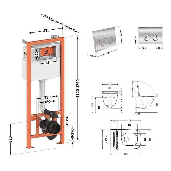 Готовое решение Qtap для ванной комнаты: подвесной унитаз Gemini Ultra Quiet 530х365х373 + комплект инсталляции Nest 4 в 1 (круглая клавиша Chrome) - Фото - 2