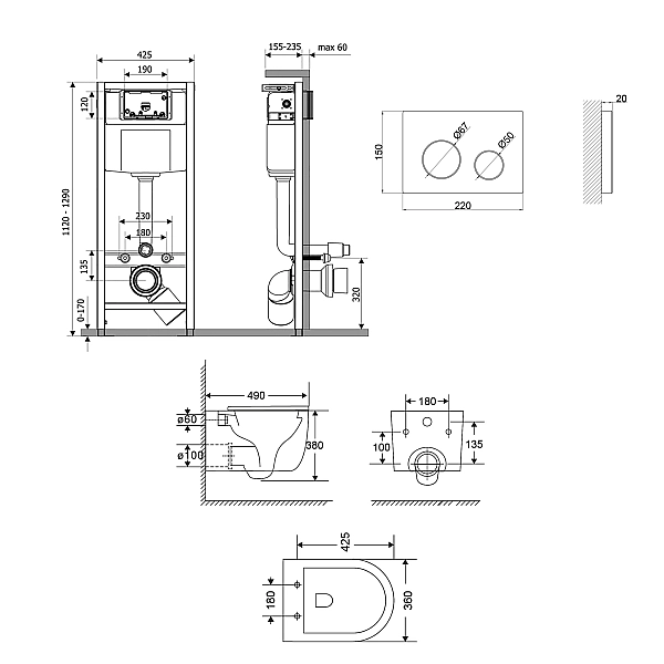 Готовое решение Qtap для ванной комнаты: подвесной унитаз Taurus Ultra Quiet 490x360x380 + комплект инсталляции Nest 4 в 1 (круглая клавиша White) - Фото - 2
