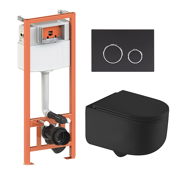 Готовое решение Qtap для ванной комнаты: подвесной унитаз Taurus Ultra Quiet 490x360x380 + комплект инсталляции Nest 4 в 1 (круглая клавиша Matt Black)