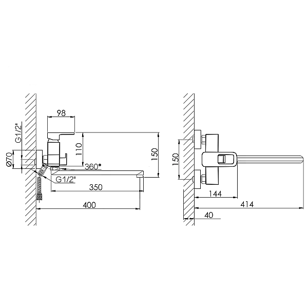 Смеситель для ванны Lidz Wawel 005 с поворотным изливом (c душевым гарнитуром) (k35) LDWAW005BLA45394 Black - Фото - 2