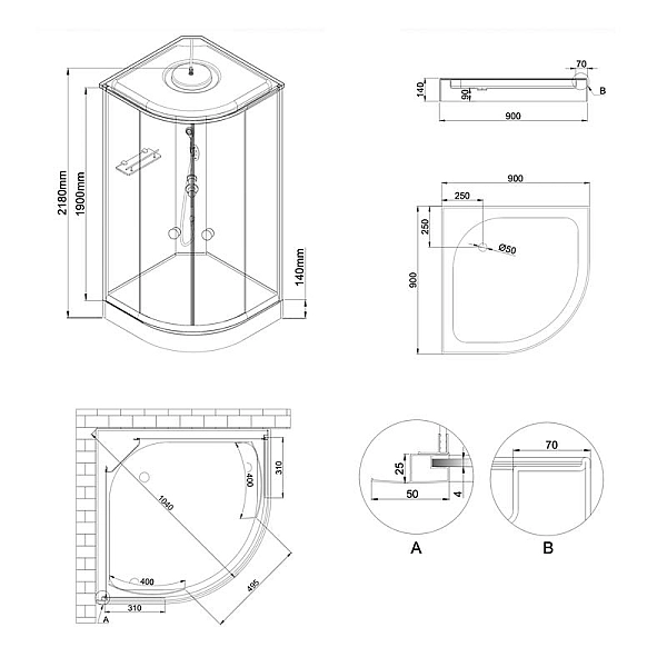 Гідробокс Lidz Tani SBM90x90.SAT.LOW.GR, скло тоноване 4 мм - Фото - 2