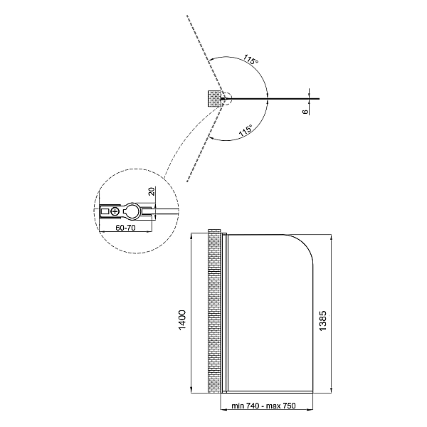 Штора на ванну Qtap Standard BLM407513APL стекло Pear 6 мм, 75х140 см, левая - Фото - 2