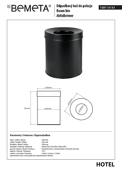 Відро для сміття 7,5 л Hotel (150115151), Bemeta - Фото - 2
