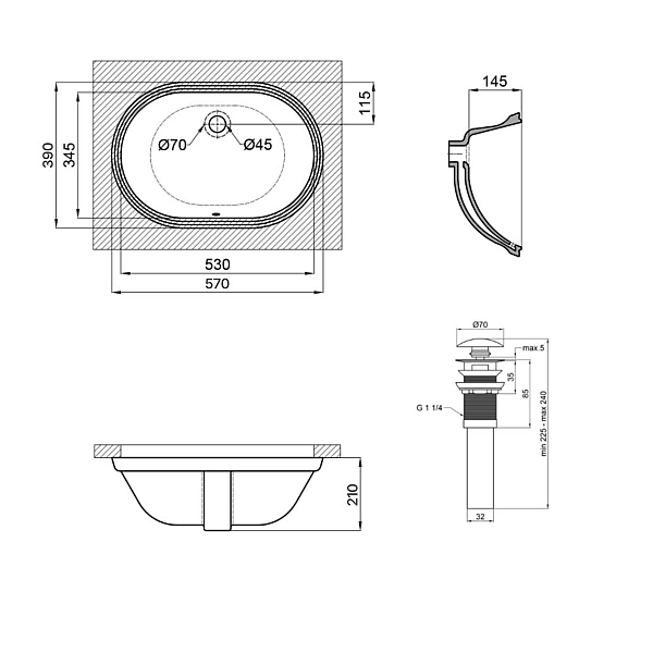 Комплект Qtap Stork: Раковина врізна овальна 570x390x210 мм White + Донний клапан PU02O - Фото - 2