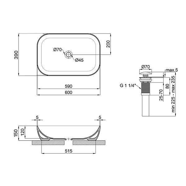 Комплект Qtap Robin: Раковина накладна прамокутна 600x390x150 мм Matt Black + Донний клапан PU03 - Фото - 2