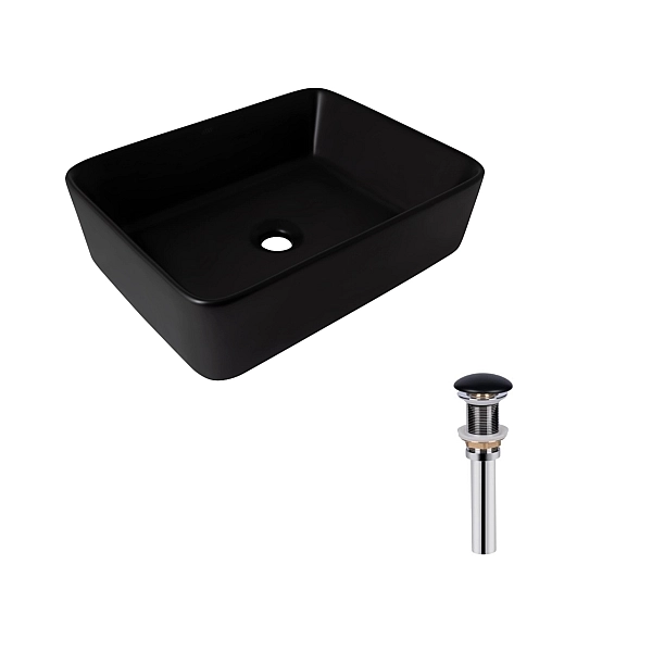 Комплект Qtap Tern: Раковина накладная прямоугольная 480х370х135 мм Matt Black + Донный клапан PU03