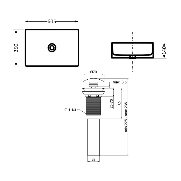 Комплект Qtap Tern: Раковина накладная прямоугольная 610x350x135 мм WHITE + Донный клапан PU02 - Фото - 2