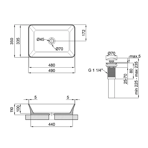 Комплект Qtap Virgo: Раковина накладная прямоугольная 490х350х110 мм White + Донный клапан PU02 - Фото - 2
